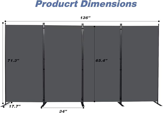 CHOSENM Room Divider, 4 Panel Folding Privacy Screens with Wider Support Feet, 6 Ft Portable Room Partition for Room Separator, 136" W X 71" H,Grey