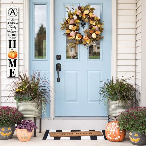 SRongmao Welcome To Our Home Porch Sign Personalized Welcome Sign for Front Door Custom Family Name Signs Standing Vertical Rustic Farmhouse Pumpkin Decor for Front Door Wall Decor