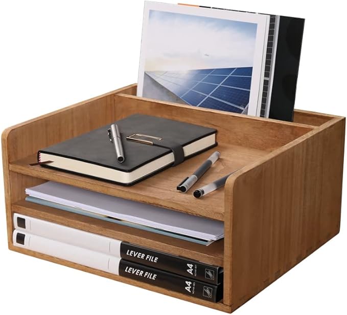 DDYURI 3 Tier Desktop Letter Tray for Office Desk Organizer and Accessories - Wood File Folder Holder for Paper Document Organizer Mail Sorter Workspace Counter Storage Book Shelf Light WJJ3K-LT