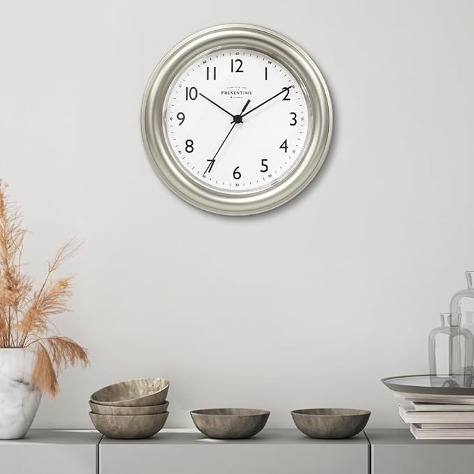 Presentime & Co. 8.5" Modern Farmhouse Essential Wall Clock, Silent Non Ticking, Morning Silver Color. (Wall Clock for Office, Home, Bathroom, Kitchen, Bedroom, and School)