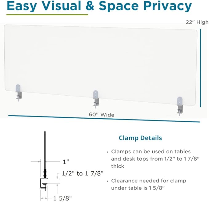 Desk Divider for Students and Desk Privacy Panel. Office Partitions and Ideal Cubicle Light Shield. Frosted Acrylic Clamp-on Desk Partition - 60” W x 22”H Divider