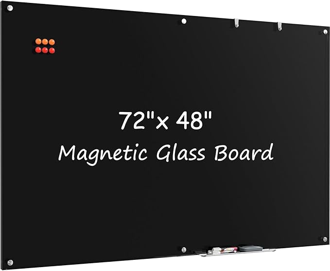 MaxGear Glass Whiteboard, Tempered Magnetic Dry Erase Board 72 x 48 Inch Black, Frameless Wall Mounted, Office Classroom Conference Room Home Use, Includes Markers, Eraser, Magnets & Mounting Kit
