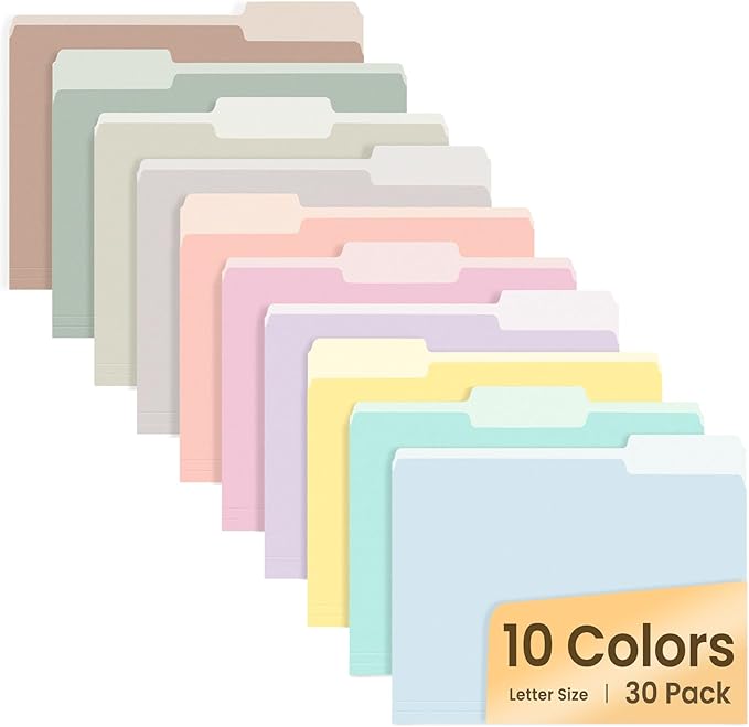 SUNEE File Folders, 30 Pack Manilla Folders 8.5 x 11, 10 Colors Folder Office Organization Home School Folders for Documents Files Paper