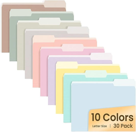 SUNEE File Folders, 30 Pack Manilla Folders 8.5 x 11, 10 Colors Folder Office Organization Home School Folders for Documents Files Paper