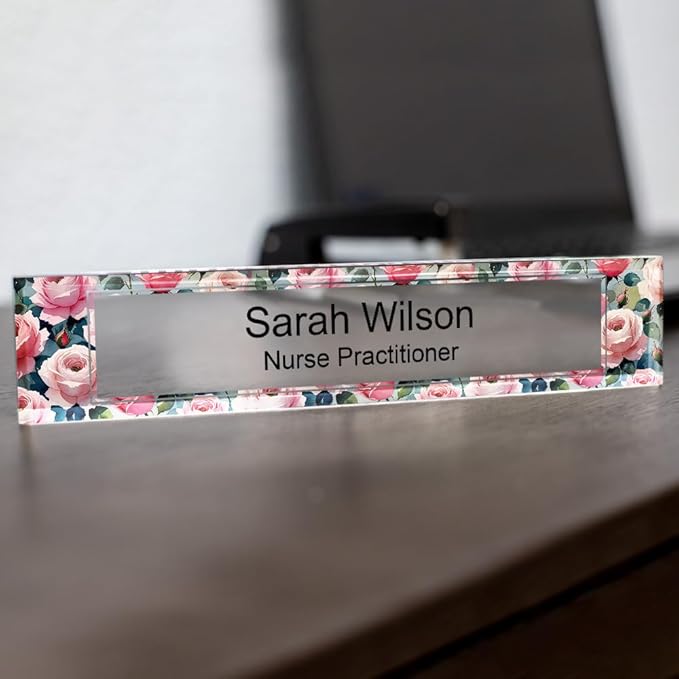 Signs ByLITA Floral Pattern Customized Nameplate | Rose Blush Personalized Full Color Acrylic Desk Sign