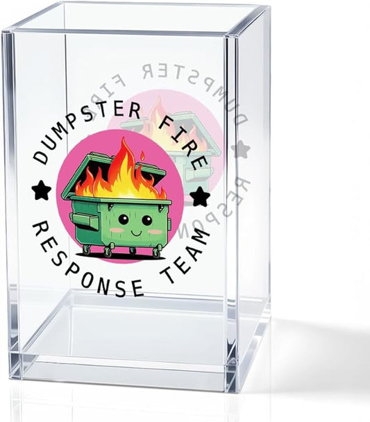 QYUVK Dumpster Fire Response Team Acrylic Pencil Holder Cup, Funny Dumpster Fire Pen Holder Gifts For HR Nurse Women Men, Hilarious Gifts for Coworkers Team Members, Pencil Cup for Desk