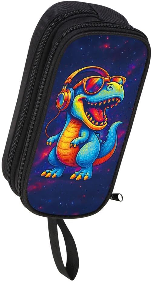 HiMagics Children's Pencil Case, Large Zipper Pencil Pouch for Boys with Two Compartments Boys Pen Pouch for School Dinosaur Pencil Bag, Black