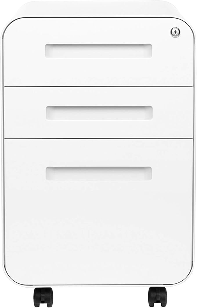 Laura Davidson Furniture Stockpile 3 Drawer File Cabinet with Lock - Under Office Desk Metal Filing Cabinet, Legal/Letter File Folders, Wheels and Stationary Feet, Pre-Assembled, White