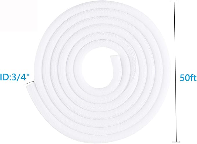 QCSIW 3/4"-50ft Extra-Long Braided Cable Sleeve Protector - Self-Wrapping Pet-Proof Wire Loom for Home Theater, Office, Car Engine, Chew-Resistant Cord Cover, White