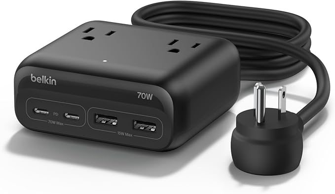 Belkin GaN Charging Station 70W, 7-in-1 Dual USB C Charger w/ 3X AC Outlets, 2X USB A Ports - Power Strip for iPhone, Apple Watch, iPad, MacBook, Chromebook, Samsung Galaxy, Pixel 10, & More - Black