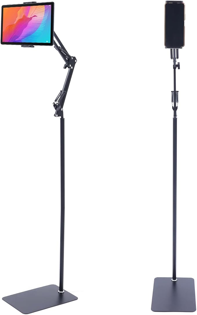 Fufiea Floor Stand for Tablet & Phone, 63" Heavy-Duty Carbon Steel Stand with 360° Rotation, Knob-Locking Stable Base for iPad, Monitor, Video Calls, Home Office & Bedroom (Black)
