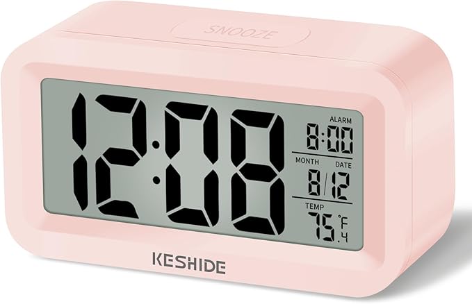 KESHIDE Travel Digital Alarm Clock Battery Operated with Indoor Temperature, Desk Small Clock,Snooze Model,12/24H Display for Bedrooms Heavy Sleepers Kids Travel Bathroom
