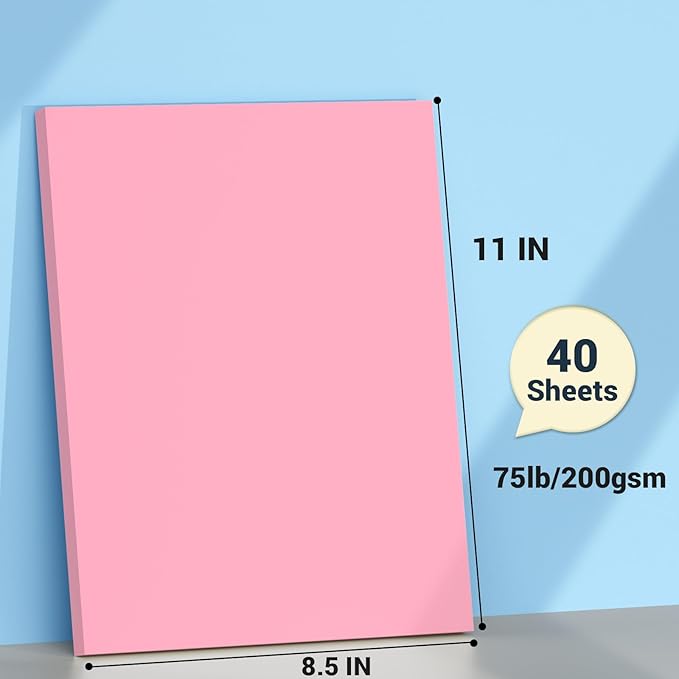 Cardstock 8.5 x 11, Thick Printer Paper 75 lb/200 gsm, 40 Sheets Card Stock Pink, Heavy Card stock, Art CardStock Paper for Invitations, Diy Cards, Business Cards, Menus, Crafts, Drawing etc