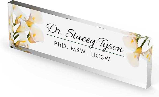 Artblox Personalized Office Desk Name Plate and Business Card Holder | Clear Acrylic Glass with Teak Wood Stand | Calla Flowers Design Customized with Your Name and Credentials Office Desk Decor