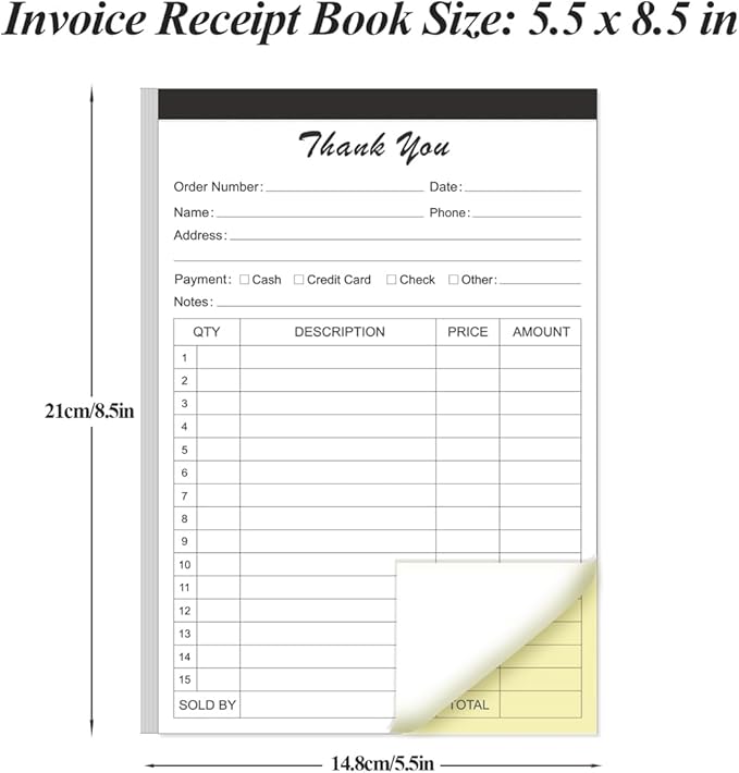 Thank You Receipt Book - 5.5" x 8.5" Cardboard 2-Part Carbonless Sales Invoice Book, 50 Sheets Invoice Pad with Cardboard for Small Business