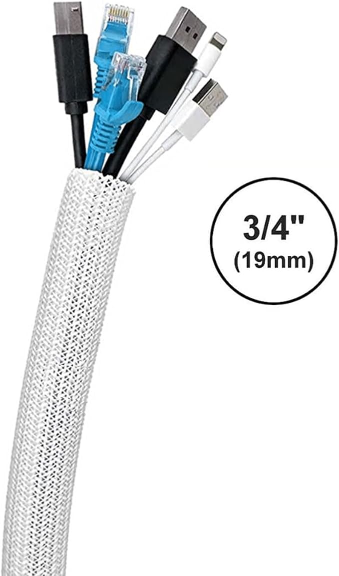 QCSIW 3/4"-50ft Extra-Long Braided Cable Sleeve Protector - Self-Wrapping Pet-Proof Wire Loom for Home Theater, Office, Car Engine, Chew-Resistant Cord Cover, White