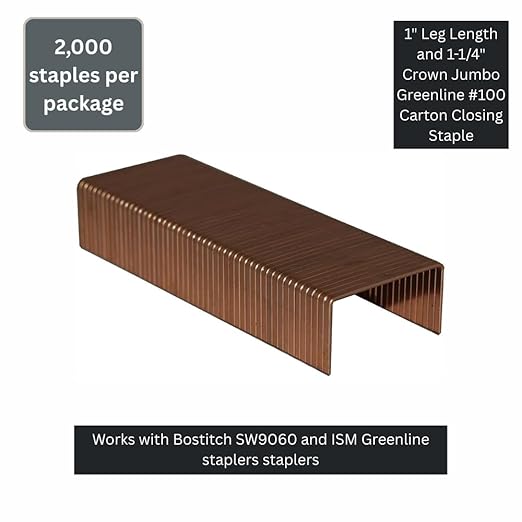 Klinch-Pak K-SW9060-1, 1" Leg by 1-1/4" Crown Jumbo Greenline #100 Carton Closing Staples, 2000 per Package, Bostitch SW9060, ISM Greenline staplers, for Closing Double/Triple Corrugated Cardboard