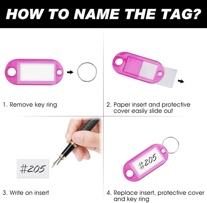 Key Labels, Key Tags, 30 Pack Plastic Key Tags with Ring and Label Window, Key Chain ID Tags/Identifiers for Name, Luggage, Bags, Backpack, 10 Colors