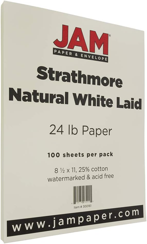 JAM PAPER Strathmore 24lb Paper - 90 gsm - 8.5 x 11 - Natural White Laid - 100 Sheets/Pack