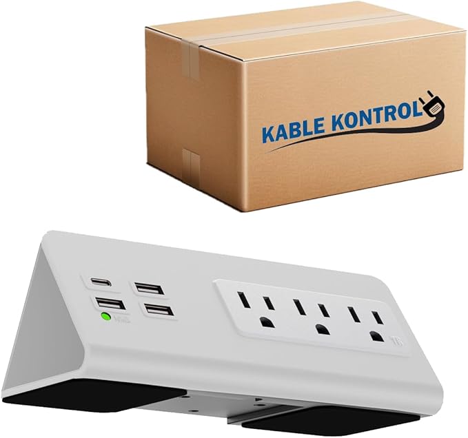 Kable Kontrol Desk Clamp Power Strip with USB-C Port, Nightstand Charging Station, 3 AC Outlets, 3 USB-A Ports, Fast Charger, Easy Installation for Home, Offices, Hotels – 4.9 Ft, White, 20 Pcs