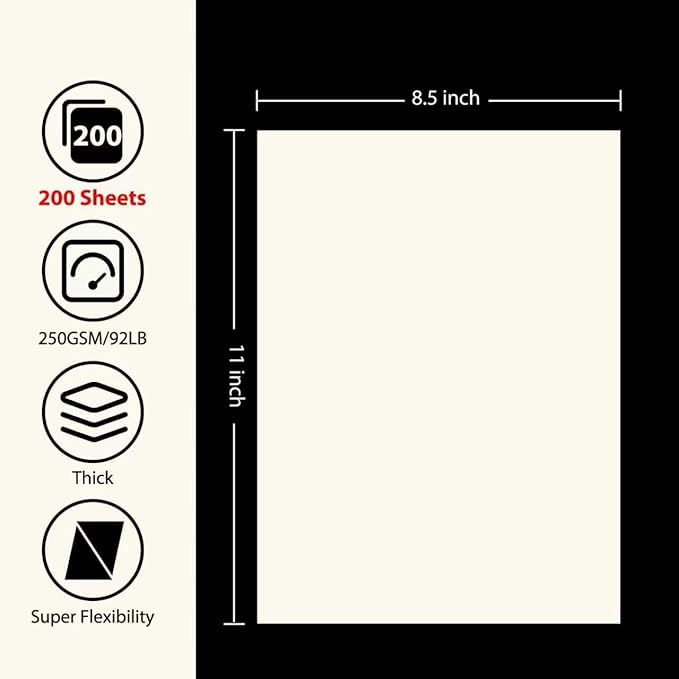 OcePor 200 Sheets Cream Cardstock Paper, Colored Printer Paper 8.5 x 11, Card Stock Thick Construction for Craft,Scrapbook，Office Printing, Invitations, Certificates，92 lb/250gsm