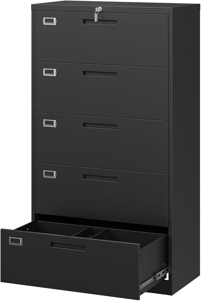 MIIIKO Lateral File Cabinet with Lock, 5 Drawer Metal File Cabinets 35.4" Wide, Home Office Locking Filing Cabinets for Legal Letter File Folders