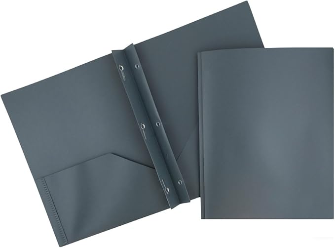 JAM PAPER Plastic Color POP Folders - 2 Pocket Durable Folders with Metal Prongs Fastener Clasps - Grey - Bulk 96/Pack