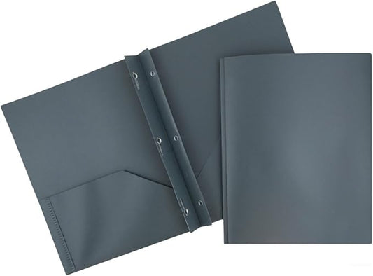 JAM PAPER Plastic Color POP Folders - 2 Pocket Durable Folders with Metal Prongs Fastener Clasps - Grey - Bulk 96/Pack