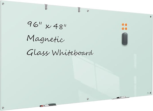 TSJ OFFICE Glass Dry-Erase Board - 8 x 4 Ft Wall Mounted Glass Magnetic Whiteboard, 96" x 48" Extra Large Frameless White Board for Office, Home & School