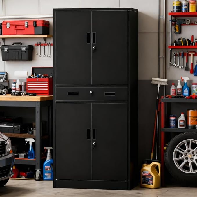 TaskStorz Metal Storage Cabinets with 1Drawer, 71" Storage Cabinet with 4 Locking Doors and 2 Adjustable Shelves, Steel Storage File Cabinet for Pantry Home, Kitchen, Office, Garage (Black)