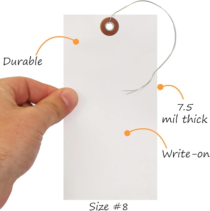 SmartSign 6.25 x 3.125 inch Blank White Shipping Tags with Wires (Size-8), Metal Eyelet, 7.5 mil HDPE Plastic, Writable, Pack of 1000
