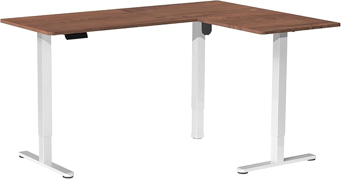VIVO Electric Corner 63 x 47 inch L-Shaped Standing Desk, Memory Height Adjustment, Dark Walnut Top White Frame, DESK-E3CTWD-47