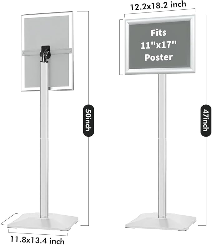 INNOVSIGN Heavy Duty Adjustable Pedestal Poster Sign Stand, 11x17 Aluminum Open Floor Standing Sign Holder for Vertical and Horizontal View Display, Silver