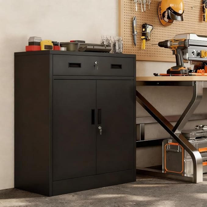 TaskStorz Metal Storage Cabinet 36" H, Garage Storage Cabinet with 2 Lockable Doors and 1 Drawer, Steel File Cabinets with Adjustable Shelves for Home Office, Garage, School, Apartment, Warehouse