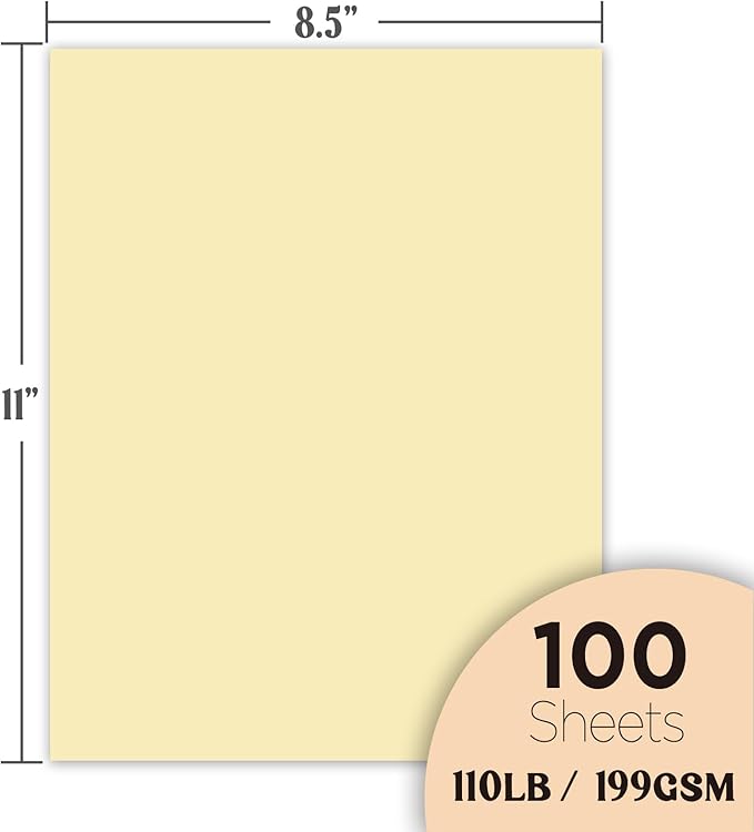 Cream Cardstock Paper, 110lb/199gsm Heavy Cardstock, Colored Multi-Purpose paper, 8.5" x 11" 100 Sheets (1 Reams) Computer Paper, Made in USA