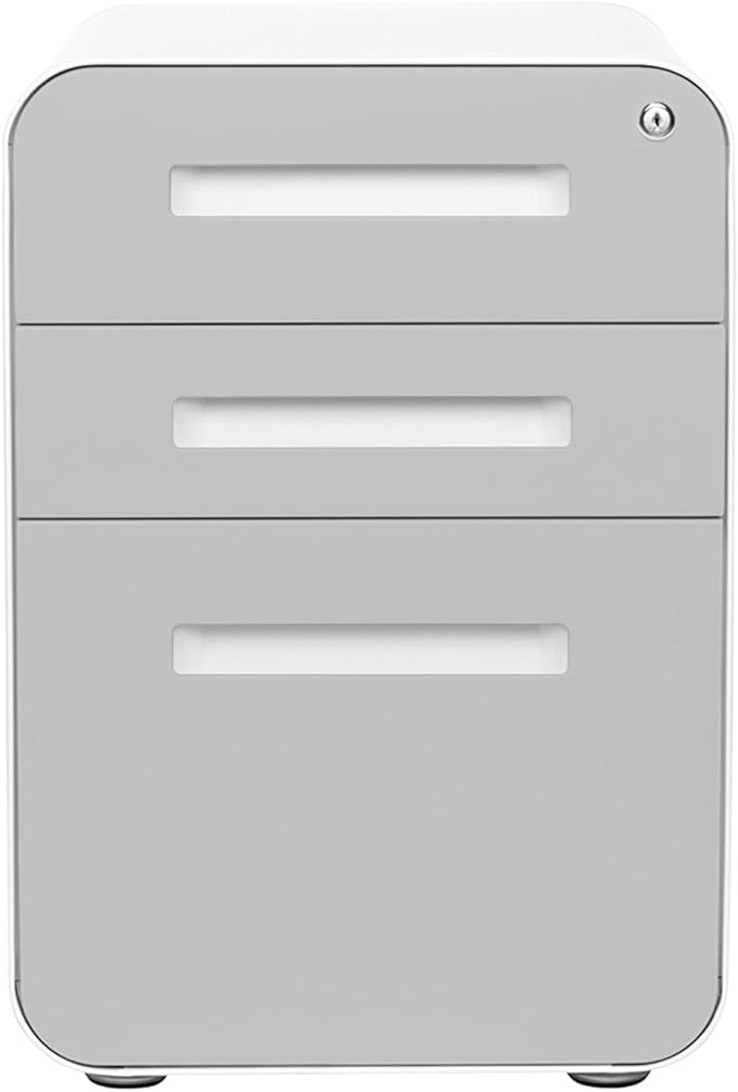 Laura Davidson Furniture Stockpile 3 Drawer File Cabinet with Lock - Under Office Desk Metal Filing Cabinet, Legal/Letter File Folders, Wheels and Stationary Feet, Pre-Assembled, Light Grey Faceplate
