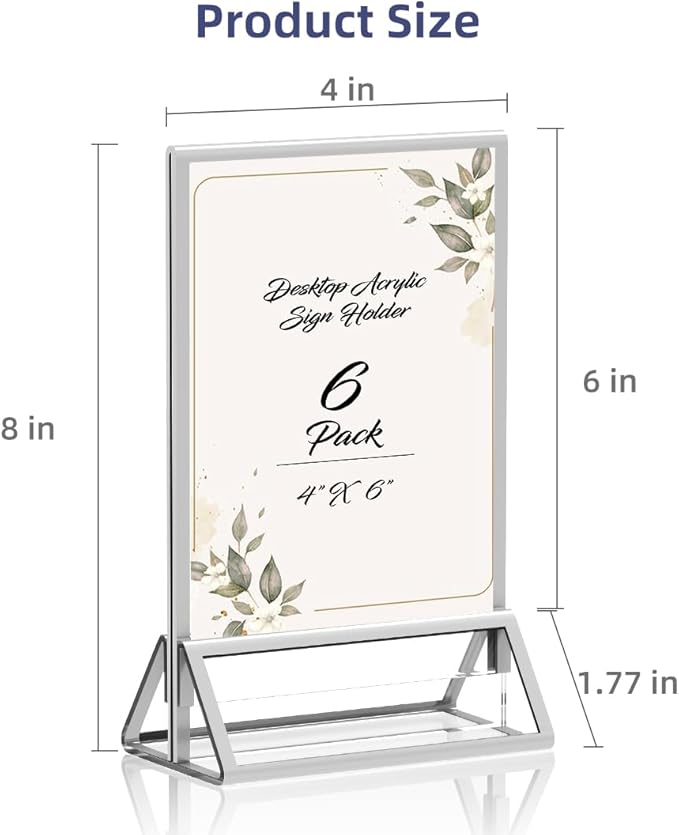 PPH-Sisy Clear Acrylic Sign Holder 4X6 with Silver Borders Display Stand, Double Sided Acrylic Picture Frames Plastic Sign Holder for Wedding Table Numbers Menu Holder (6 Pack)