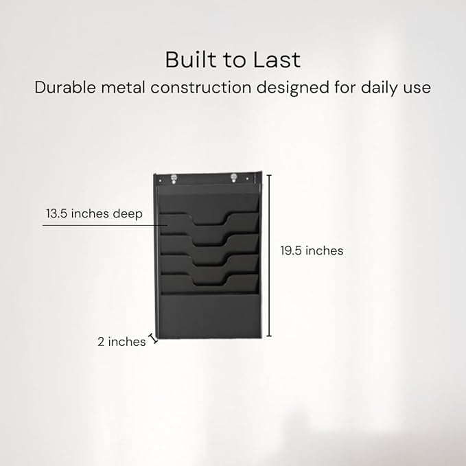 MAXXBUILD 4 Tier Wall Mounted File Organizer, Metal Task Rack for Office Documents, Mail & Folders, Space-Saving Office Wall Organizer, Black 19.5”H