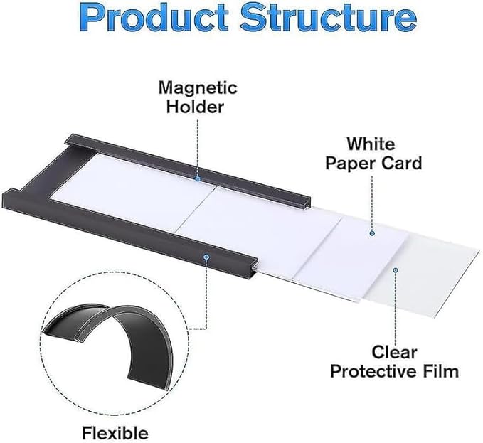LLPT Magnetic Label Holder 5" x 3" 26 Packs C Channel White Paper Cards Protective Film Strong Removable for Shelf White Board Toolbox Metal Wall Cabinet Drawer(MH53026)