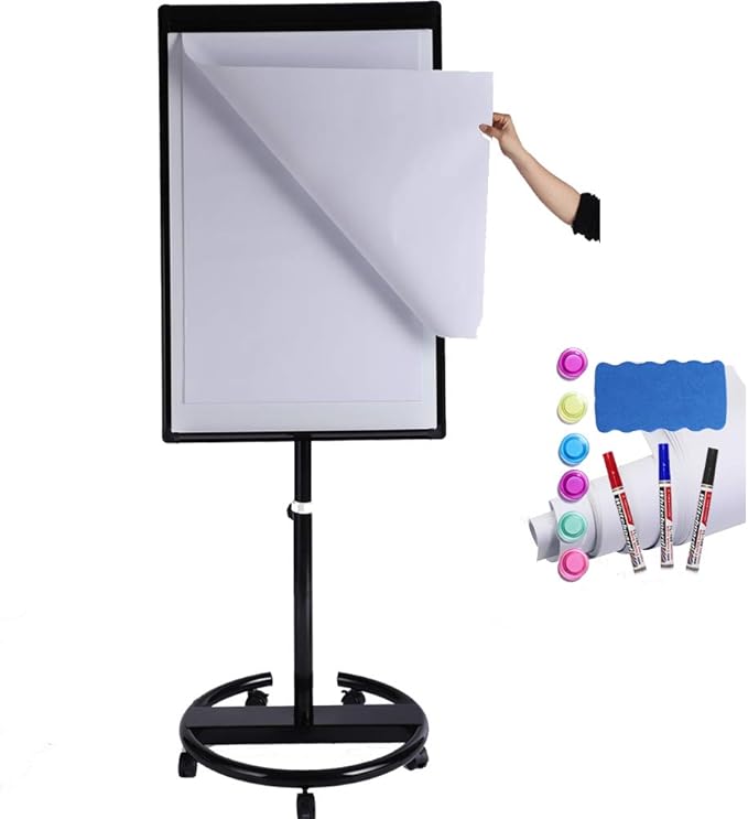 40 X 28 Inch Mobile Magnetic Whiteboard on Wheels, Rolling Dry Erase Board Easel on Height Adjustable Stand with Flipchart Paper Pad (25 Sheets) for Class Teaching, Office Meeting & Workshops