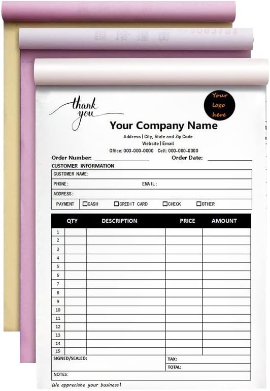 Personalized Invoice Book Custom 2 Part/3 Part Receipt Book Quote Estimate Order Forms Carbonless Form with Your Company Name Logo Address,2-10 Books (Style 11)