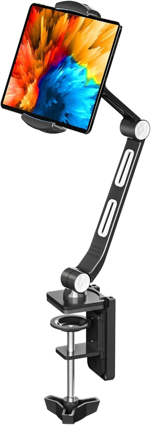 suptek Aluminum Alloy Cell Phone Desk Mount Stand 360° Tablet Stand and Holders Adjustable for iPad, iPhone, Samsung, Asus and More 4.7-11 inch Devices, Good for Bed, Kitchen, Office (YF208B)