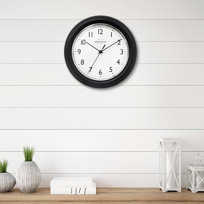 Presentime & Co. 8.5" Modern Farmhouse Essential Wall Clock, Silent Non Ticking, Black Color. (Wall Clock for Office, Home, Bathroom, Kitchen, Bedroom, and School)