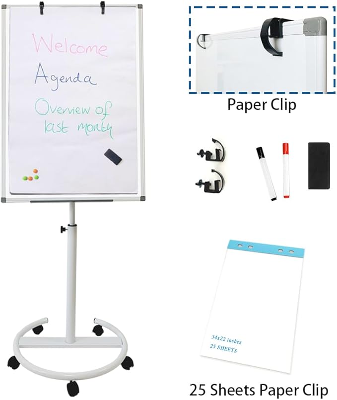 Mobile Dry Erase Board – 36x24 inches Height Adjustable Magnetic Portable Whiteboard Stand Easel White Board Flipchart Easel Board with 25 Sheets Paper Pad (36''x24'' White)