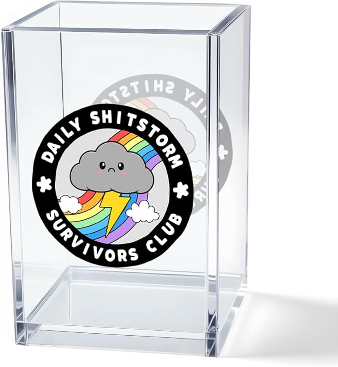 Vgrti Daily Sh!tstorm Survivors Club Acrylic Cosmetic Pencil Pen Holder Cup, Funny Rainbow Storm Cloud Desk Organizer Accessory for Home Office Decor, Humor Sarcastic Work Gifts for Women Men Coworker