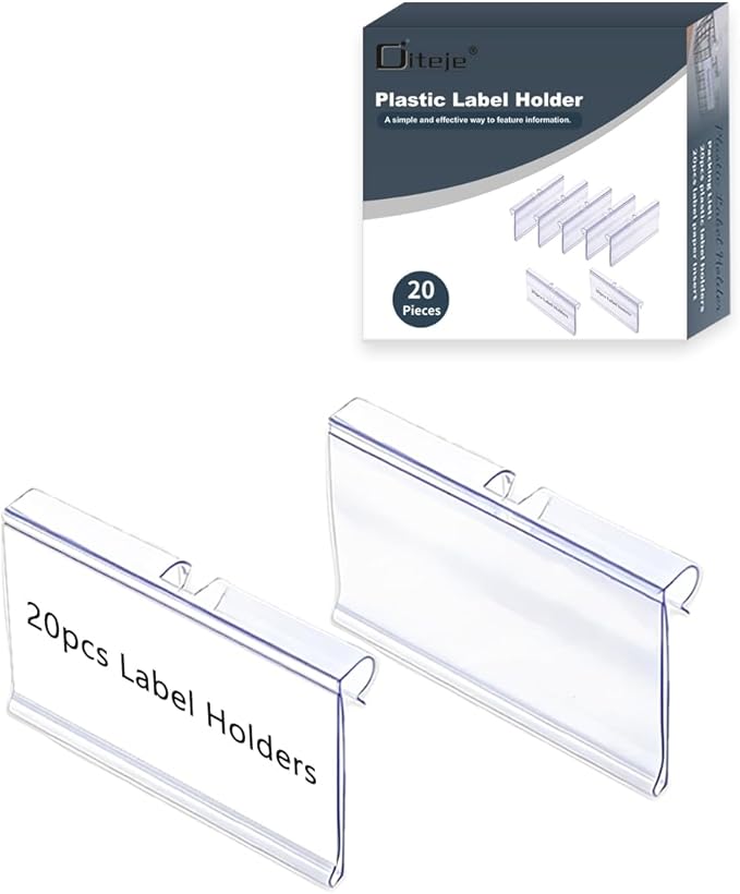 Diteje 20 Pack Plastic Wire Shelf Label Holder,Shelving Rack Retail Sign Hook Labels Clip On with Paper Inserts,3.15x1.50inch