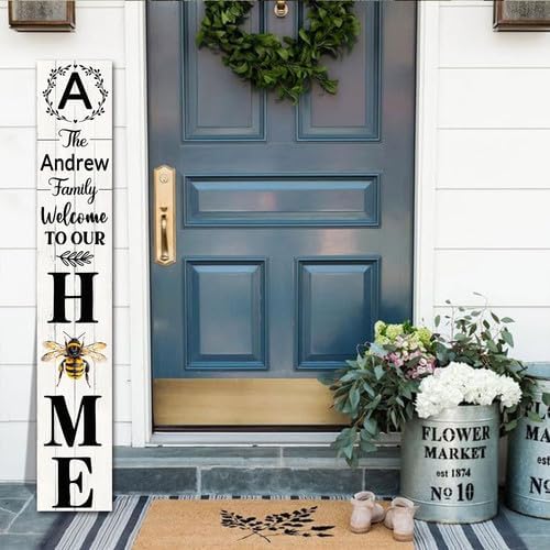 SRongmao Welcome To Our Home Porch Sign Personalized Welcome Sign for Front Door Custom Family Name Signs Standing Vertical Rustic Farmhouse Bee Decor for Front Door Wall Decor