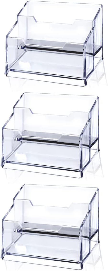 Meschett 3 Pack Clear Acrylic Business Card Holder,2 Tier Premium Acrylic Clear Business Card Holder Stand for Desk Fits 100 Business Cards