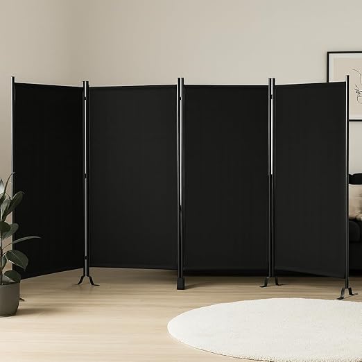 Proman Products - Galaxy 4 Panel Section Privacy Folding Screen Divider, Water Repellent Fabric Room Divider with Black Powder Coated Metal Frame for Indoors or Outdoors (Black)