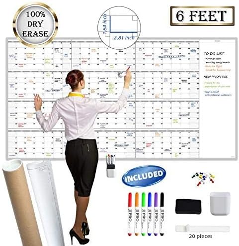 Large Reusable Dry Erase Yearly Wall Calendar - Jumbo Premium Laminated 12 month Task Organizer - 38"x72" Undated Annual Planner for Home, Office, School Projects